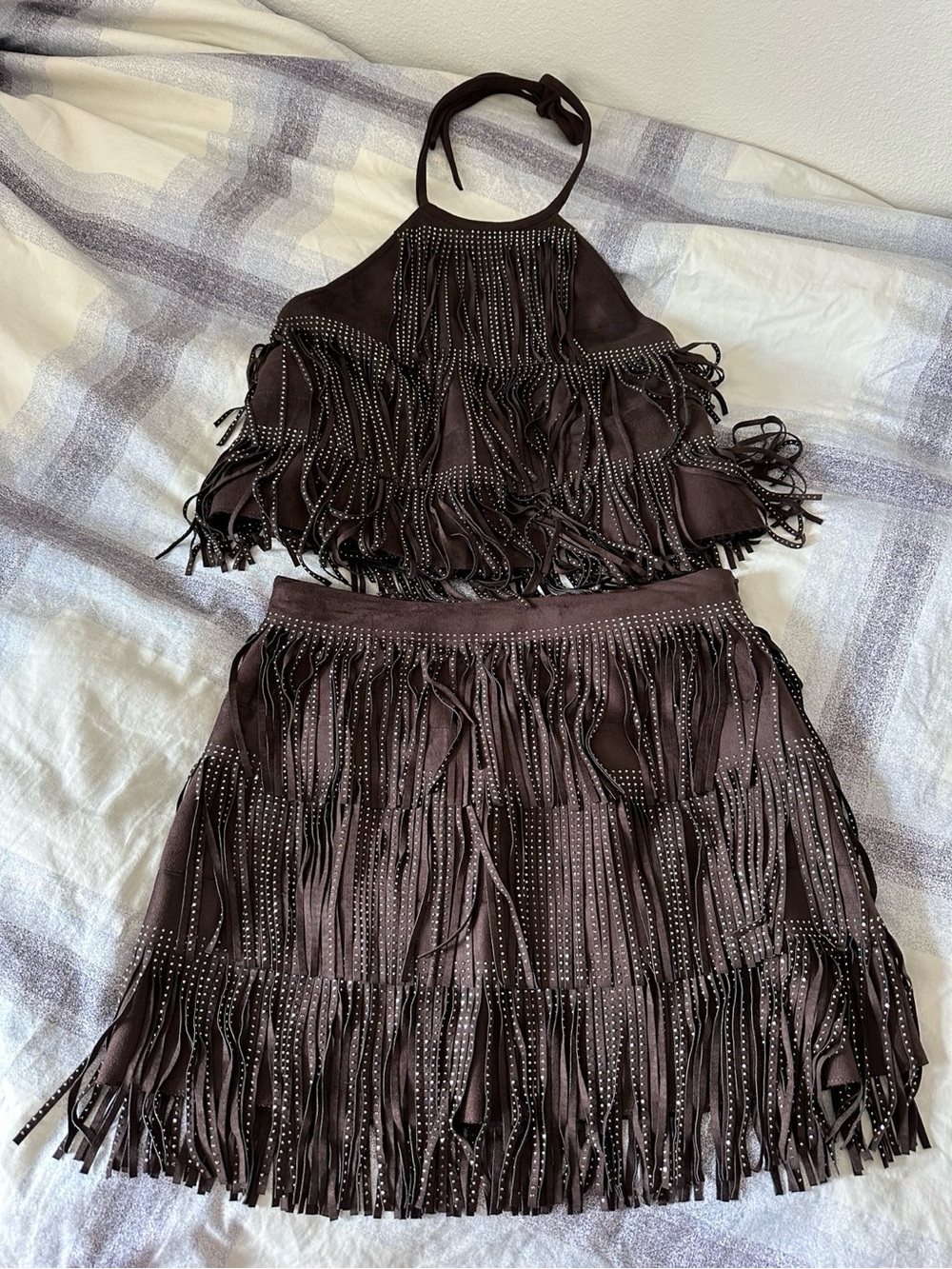 Zara Chocolate Brown Studded Fringe Two-Piece Set